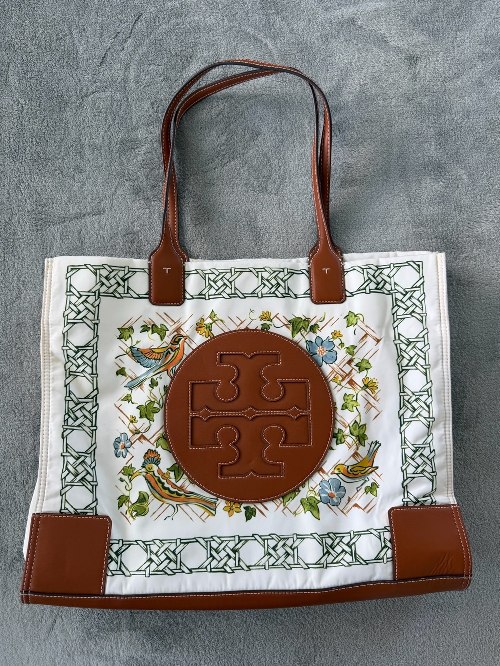 Tory Burch Ella Printed Tote Botanical Bird Floral Trellis Canvas Leather